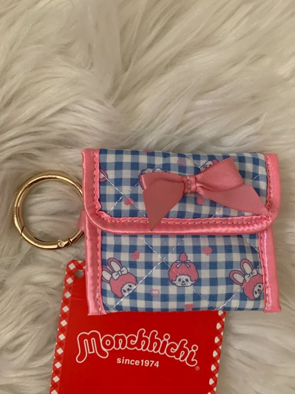 SONIX X Monchhichi Gingham Quilted Earbud Case Coin Keychain in Pink/Blue